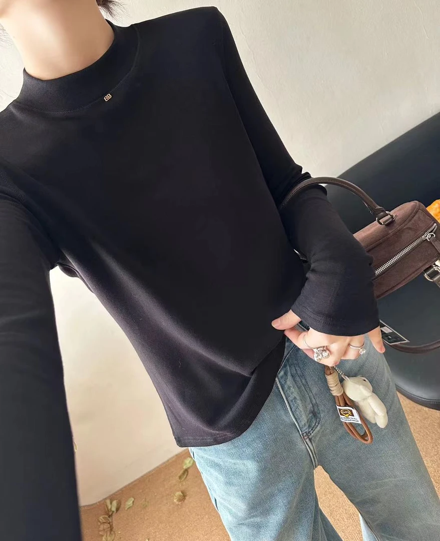 5763 艾米--【通勤款】简约纯色百搭长袖打底上衣