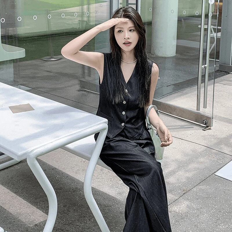 轻奢亚麻两件套装2025无袖马甲套装阔腿裤套装高端线月光初恋18#