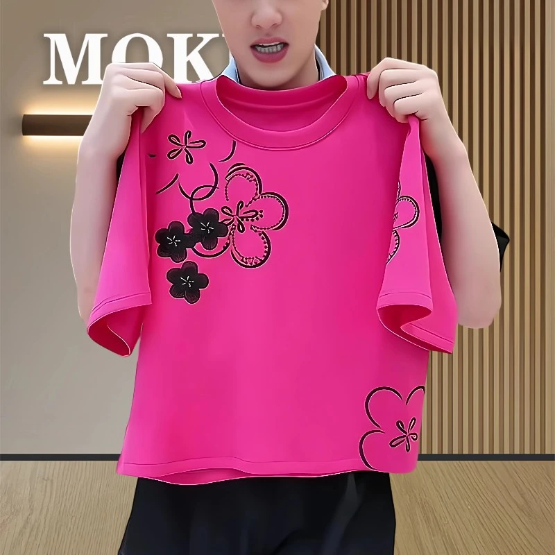 秋季女款休闲T恤花朵短袖t恤纯欲慵懒风女装玫红色短袖圆领显瘦