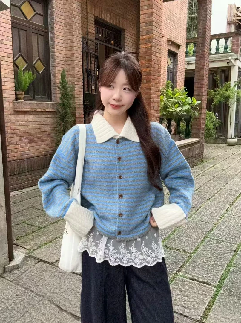 小香风蓝白条纹polo领长袖针织衫女早秋季慵懒松弛感穿搭外套上衣