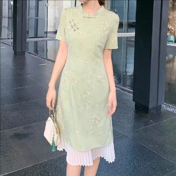 【岩心】大码女装300斤胖MM夏季法式拼接气质休闲减龄印花连衣裙993
