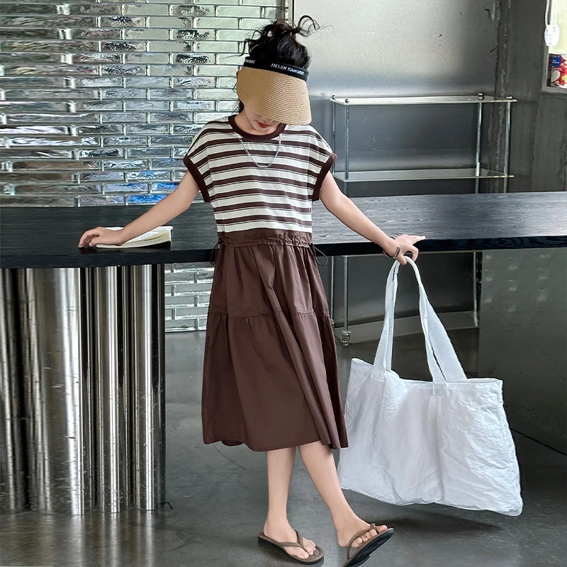 女童条纹拼接假两件连衣裙夏季2025新款中大童休闲韩版棉布裙子潮