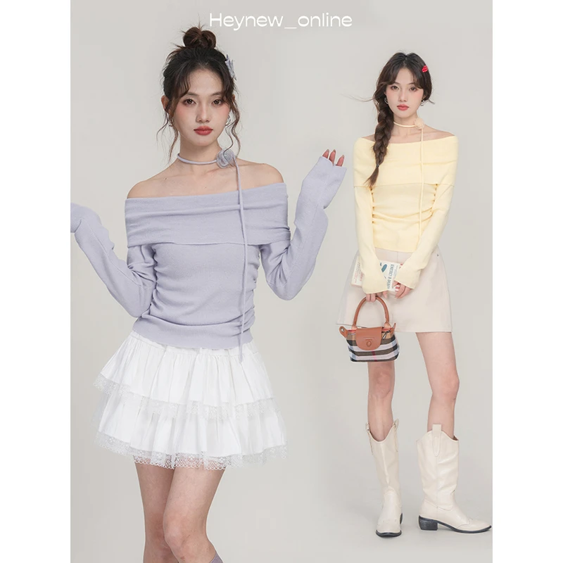 【年中清清】纯欲甜美一字肩长袖针织衫褶皱收腰显瘦上衣-5C359