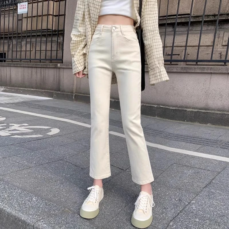 米白色牛仔裤女高腰烟管裤2025秋冬加绒杏色直筒小个子显瘦九分裤