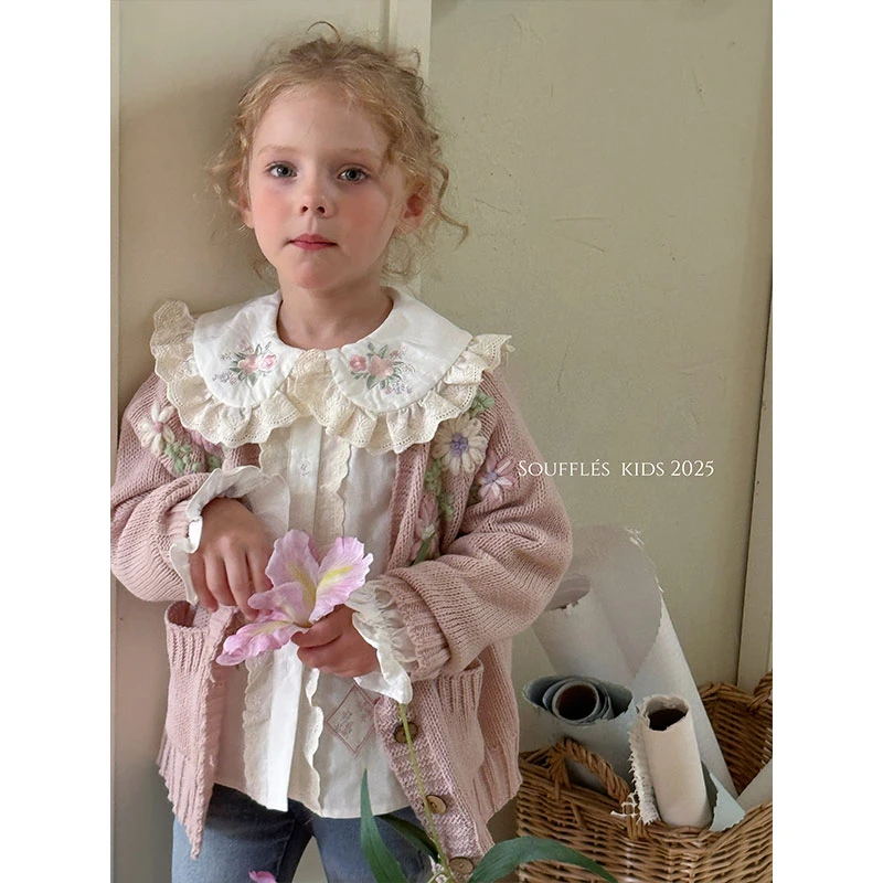 【小王专属】女童手工花朵毛衣粉色手工绣花针织开衫毛线衫TSQ-007