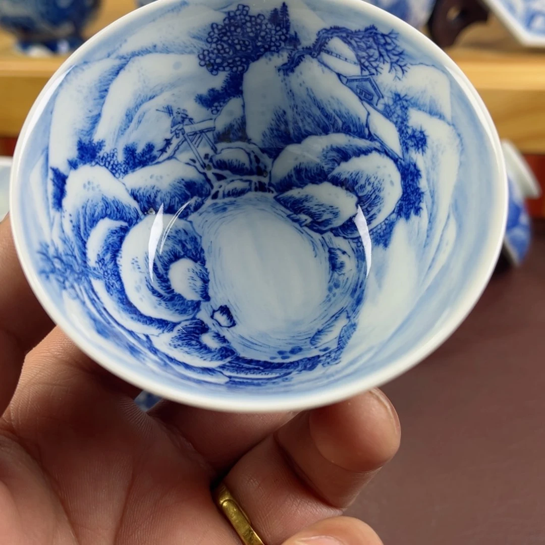 啊****?大瑕工笔雪景鸡缸杯山水