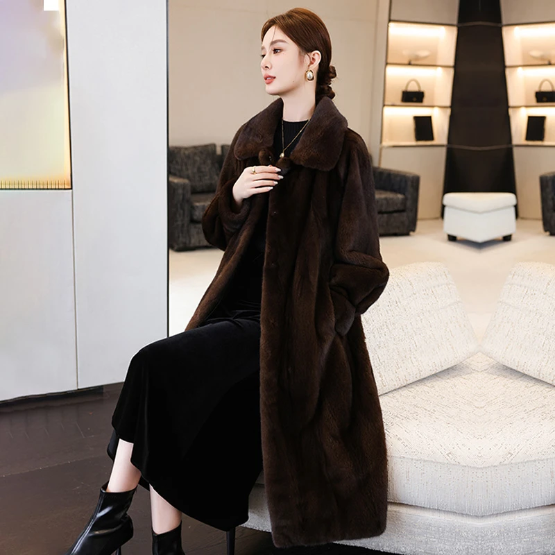 2025海宁新款整貂皮草女翻领年轻款天鹅绒水貂皮大衣中长裘皮外套