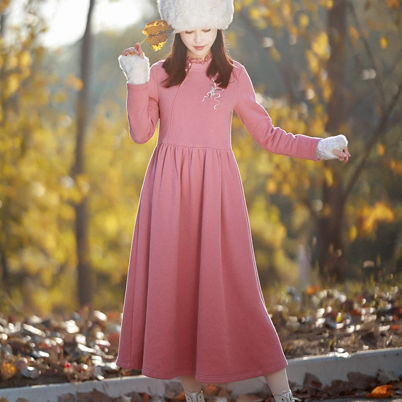 现货【松风花隐 】复古中式刺绣连衣裙女冬季中长款A字裙立领加绒