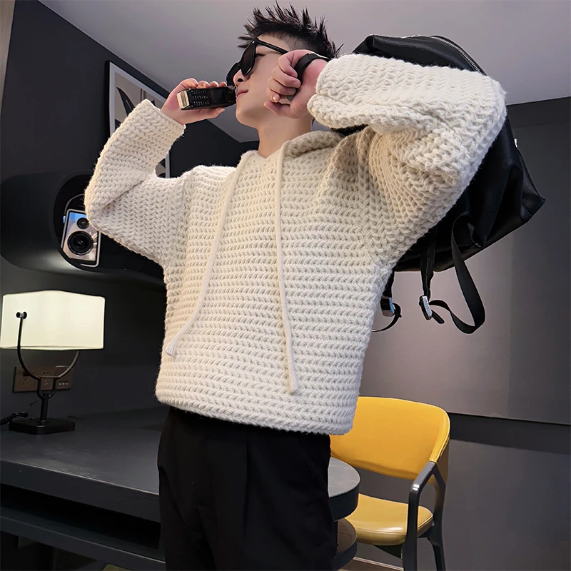 米白色连帽毛衣男士潮牌加厚内搭线衣打底衫高级感潮流休闲针织衫