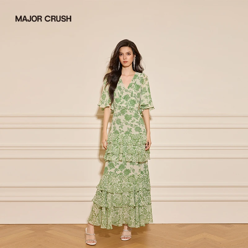 MAJOR CRUSH夏季新款碎花时尚优雅绿圃玫瑰印花大摆连衣裙7133