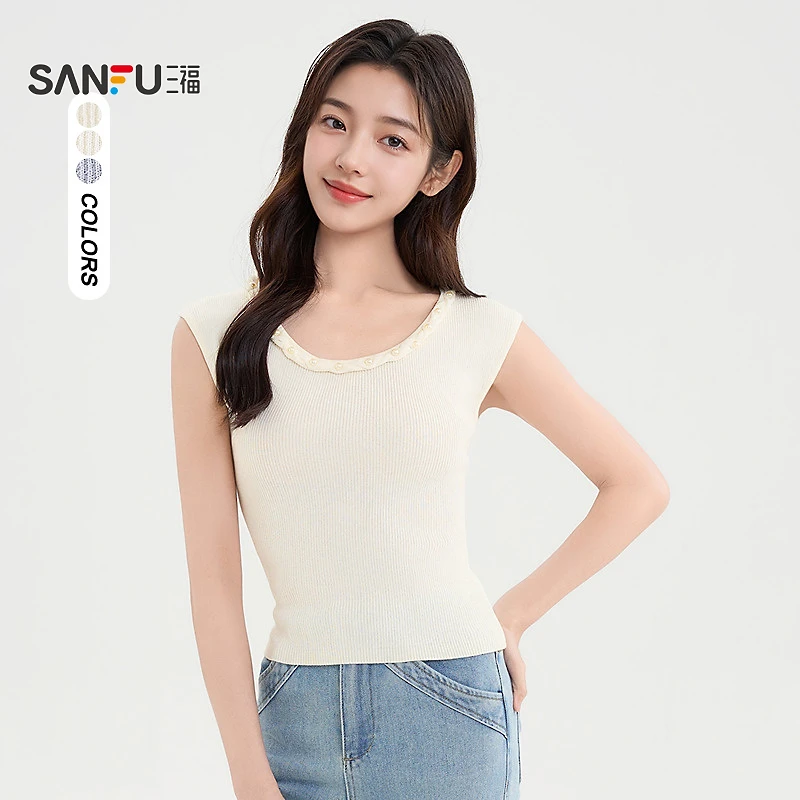 三福短T恤2025夏季简约气质钉珠圆领合身短款上衣女装501899