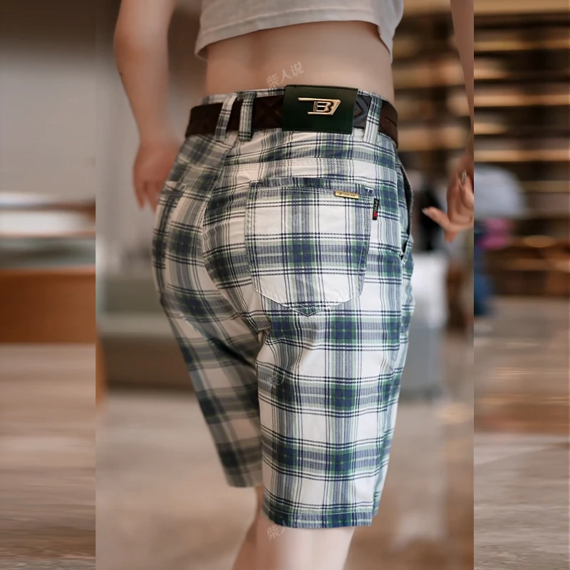 夏天薄款高级感格子男士五分休闲短裤修身直筒凉感百搭弹力裤子男