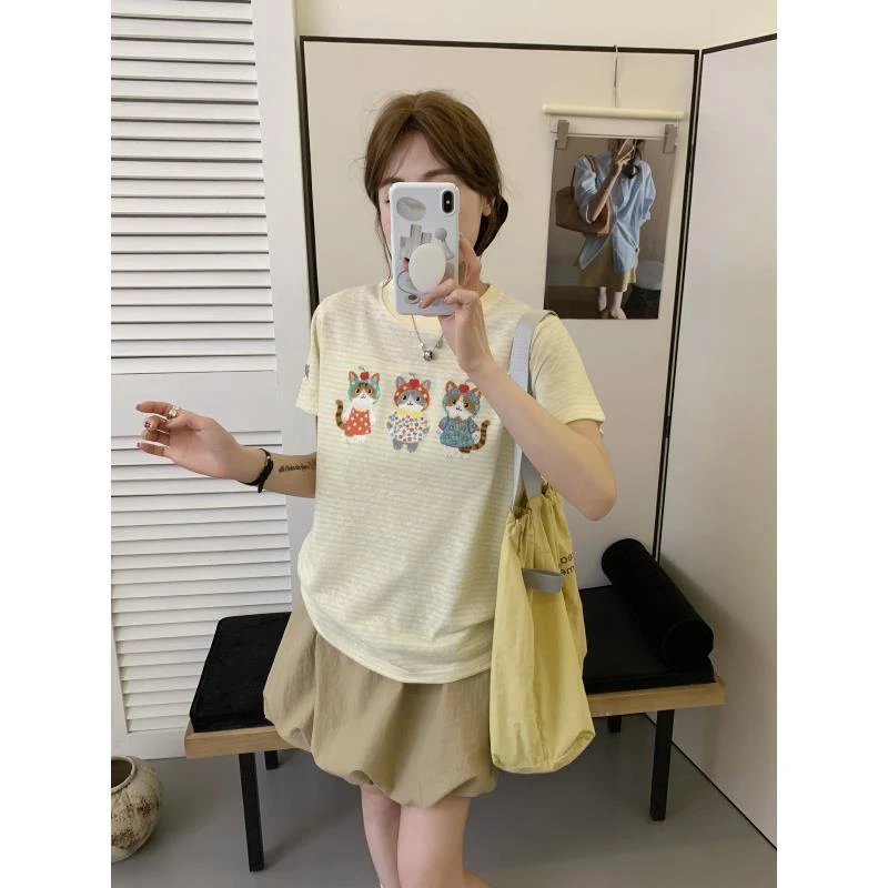 小雅姐姐  【花猫】韩系条纹刺绣三只小猫简约百搭短袖T恤IR90