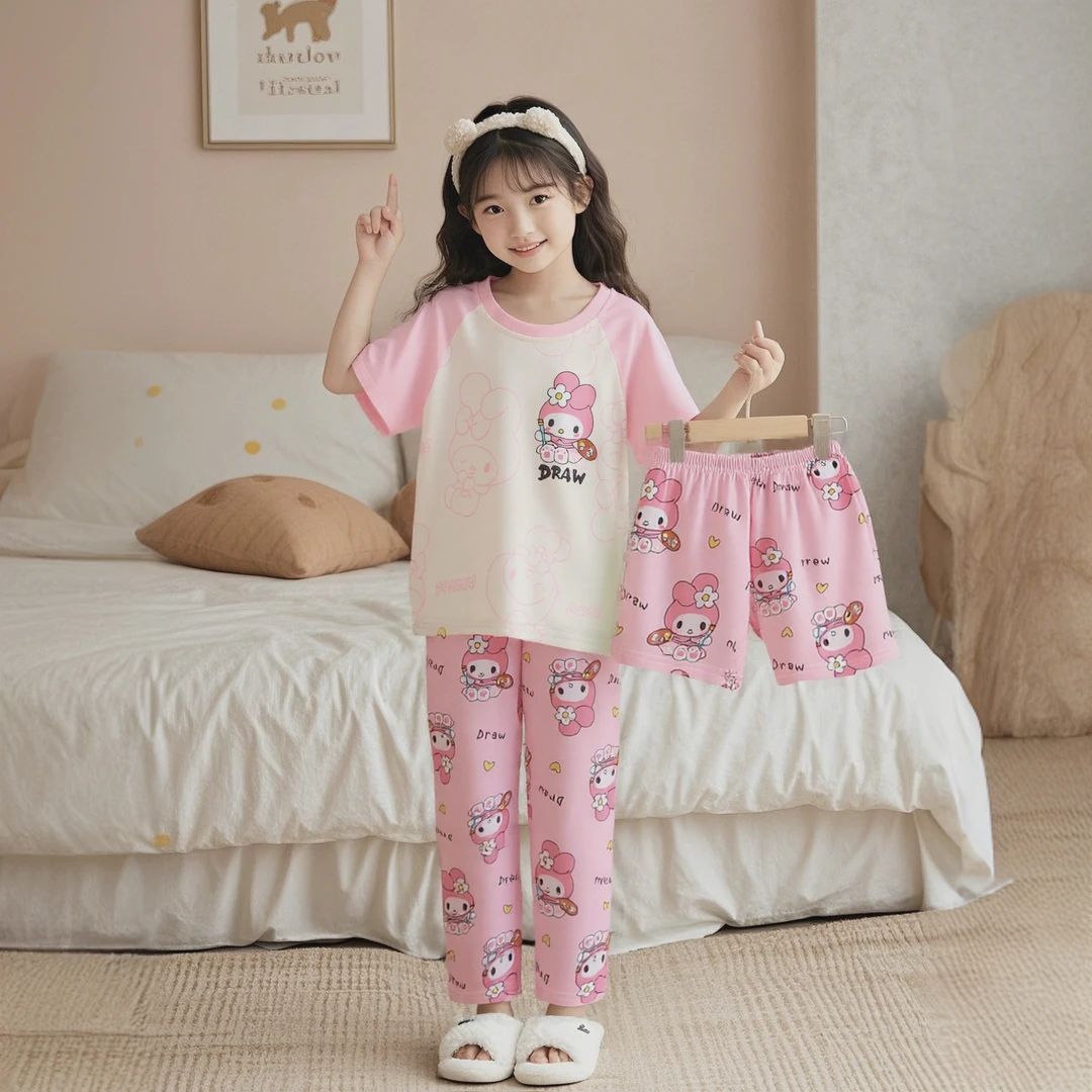夏季短袖新款卡通女童宝宝女孩薄款中大童家居服套装空调儿童睡衣