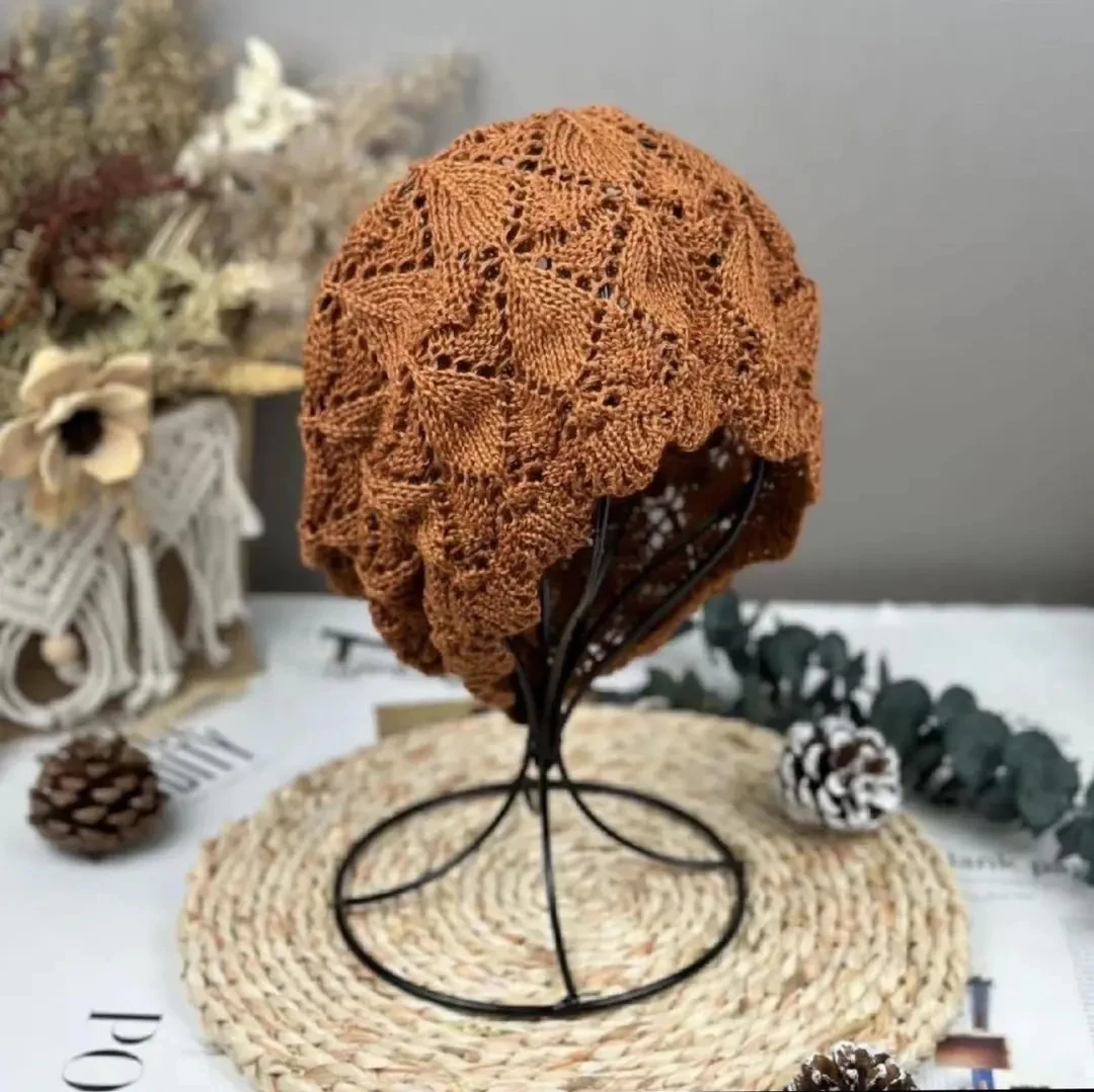 新款针织镂空帽花边遮白发优雅女帽百搭时尚包头帽薄款针织贝雷帽