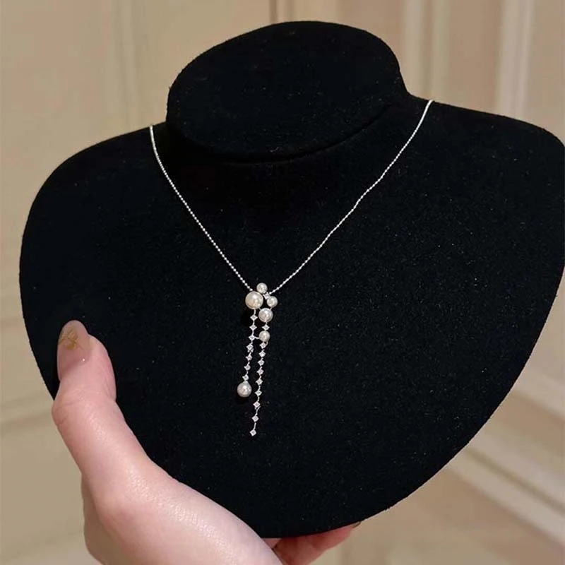 铜合金项链 法式清冷感闪锆珠珠流苏项链女轻奢气质千金感锁骨链