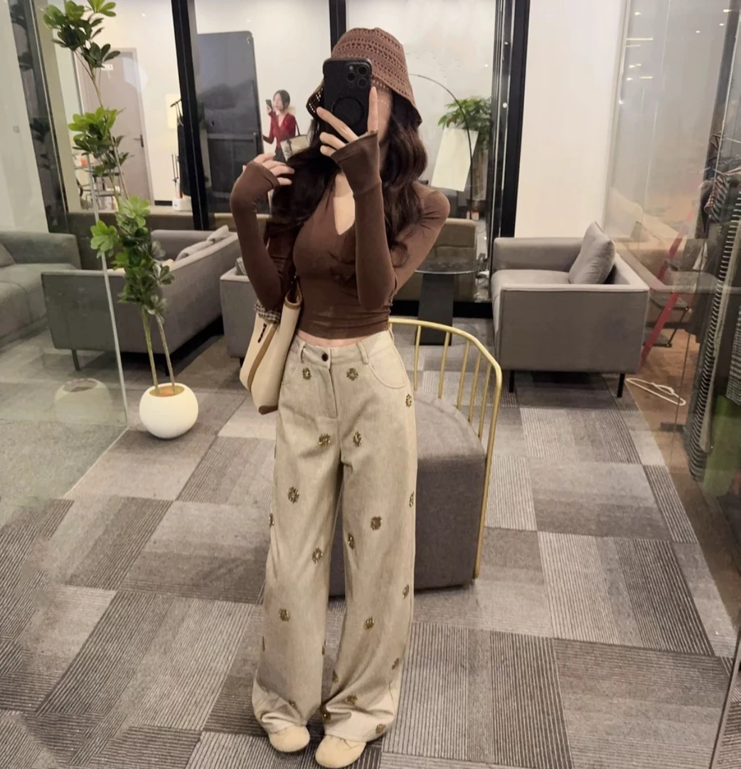 秋季新款辣妹风长袖超短露肚脐T恤修身显瘦上衣+高腰阔腿裤套装女