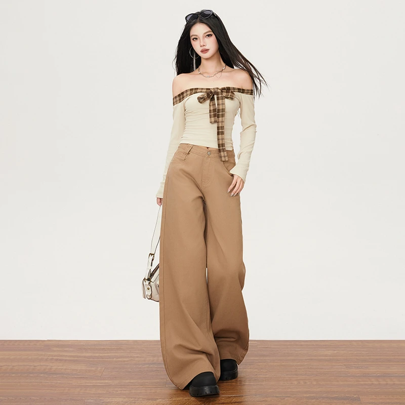 华利尔斯三个长度小众高级感拿铁棕纯色宽松阔腿中腰拖地裤牛仔裤