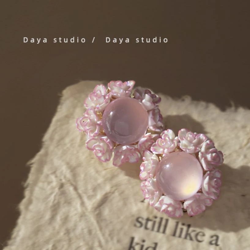 雨露玫瑰粉超仙氛围感仿猫眼花朵圆形耳环轻奢高级感小众气质耳环