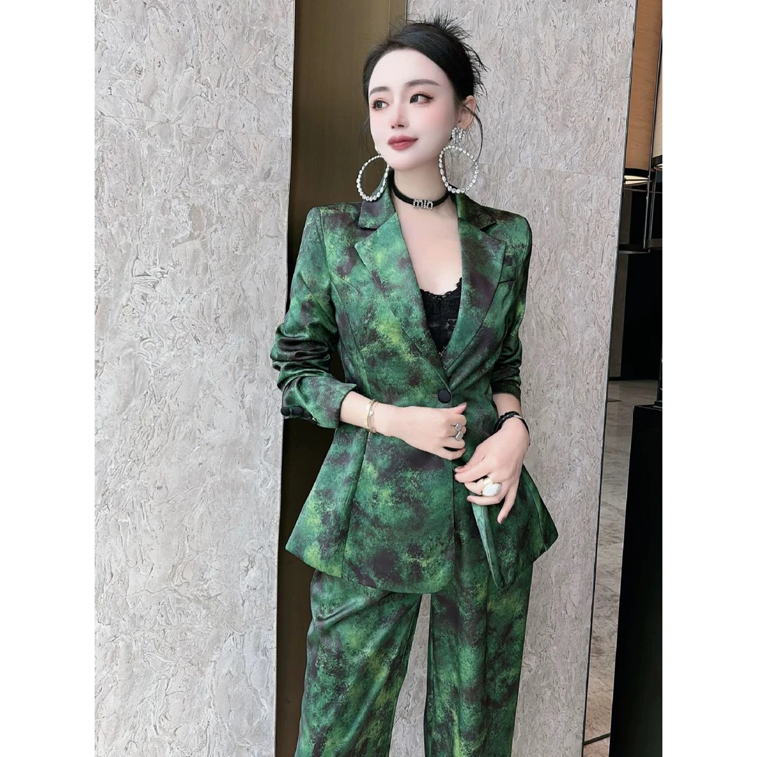 451高端定制职业装2025新款设计感印花收腰西装阔腿裤两件套女