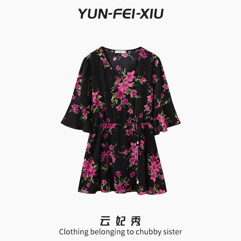 云妃秀大码女装雪纺衫时尚减龄气质休闲胖妹妹上衣显瘦遮肉夏3601