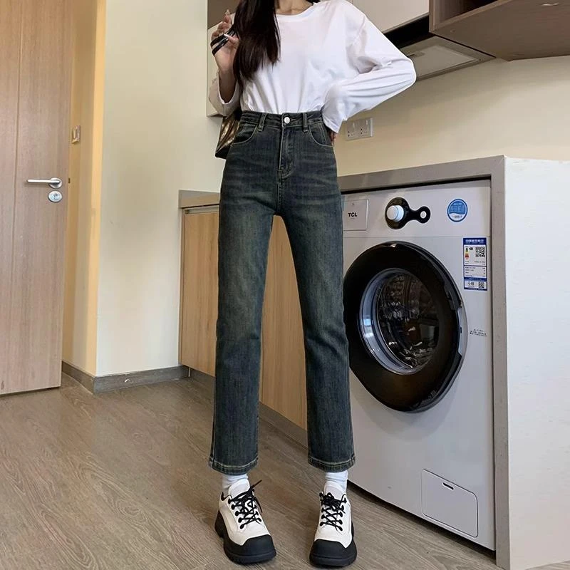 加绒保暖复古直筒牛仔裤女九分裤秋冬季修身显瘦高腰小个子烟管裤