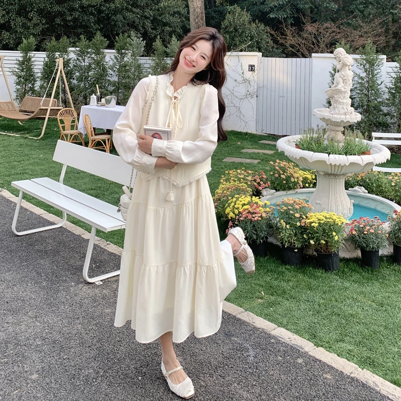 韩系贵气千金感女装套装2025秋季新款小香风马甲长袖连衣裙两件套