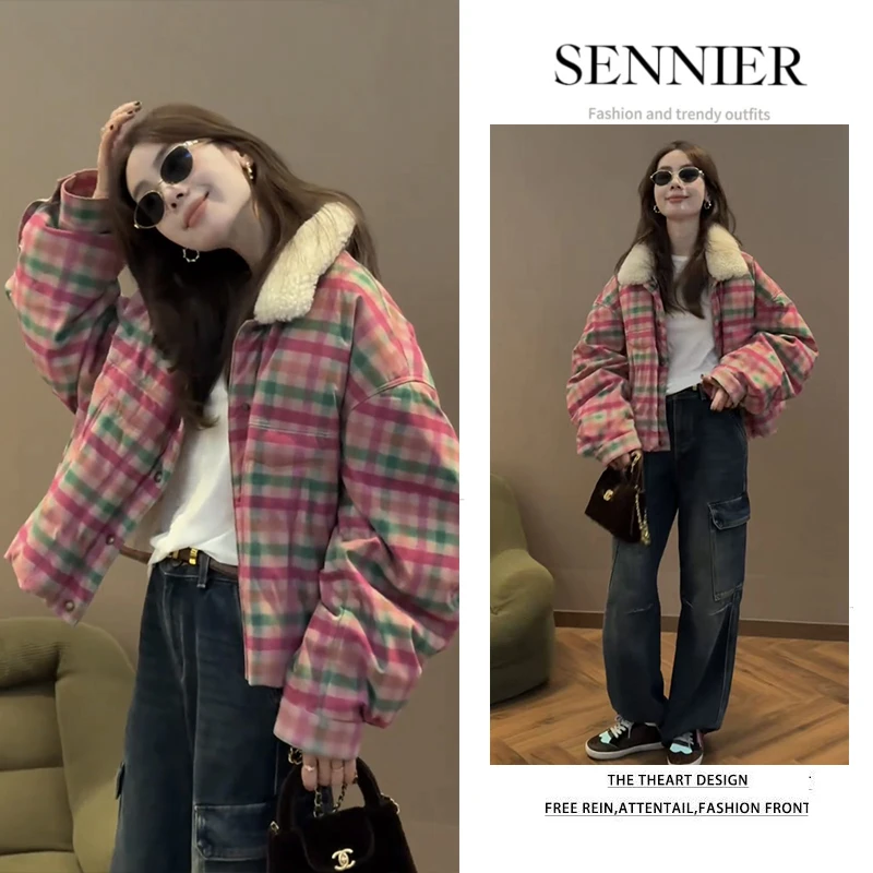 冬穿搭一整套2025新款韩版洋气翻领格纹宽松外套百搭牛仔裤两件套