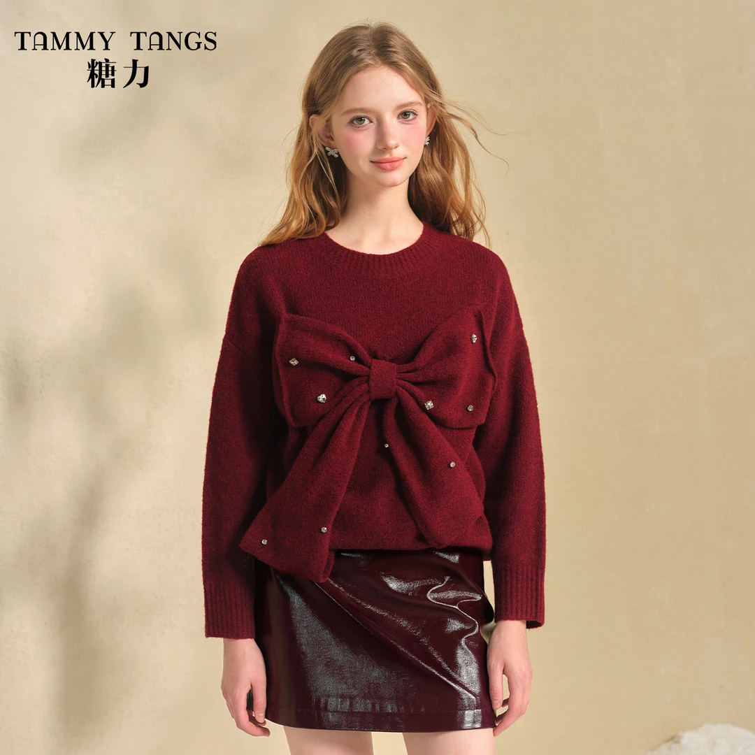 【直播专属】糖力酒红色钻饰蝴蝶结毛衣女秋冬季套头宽松针织衫