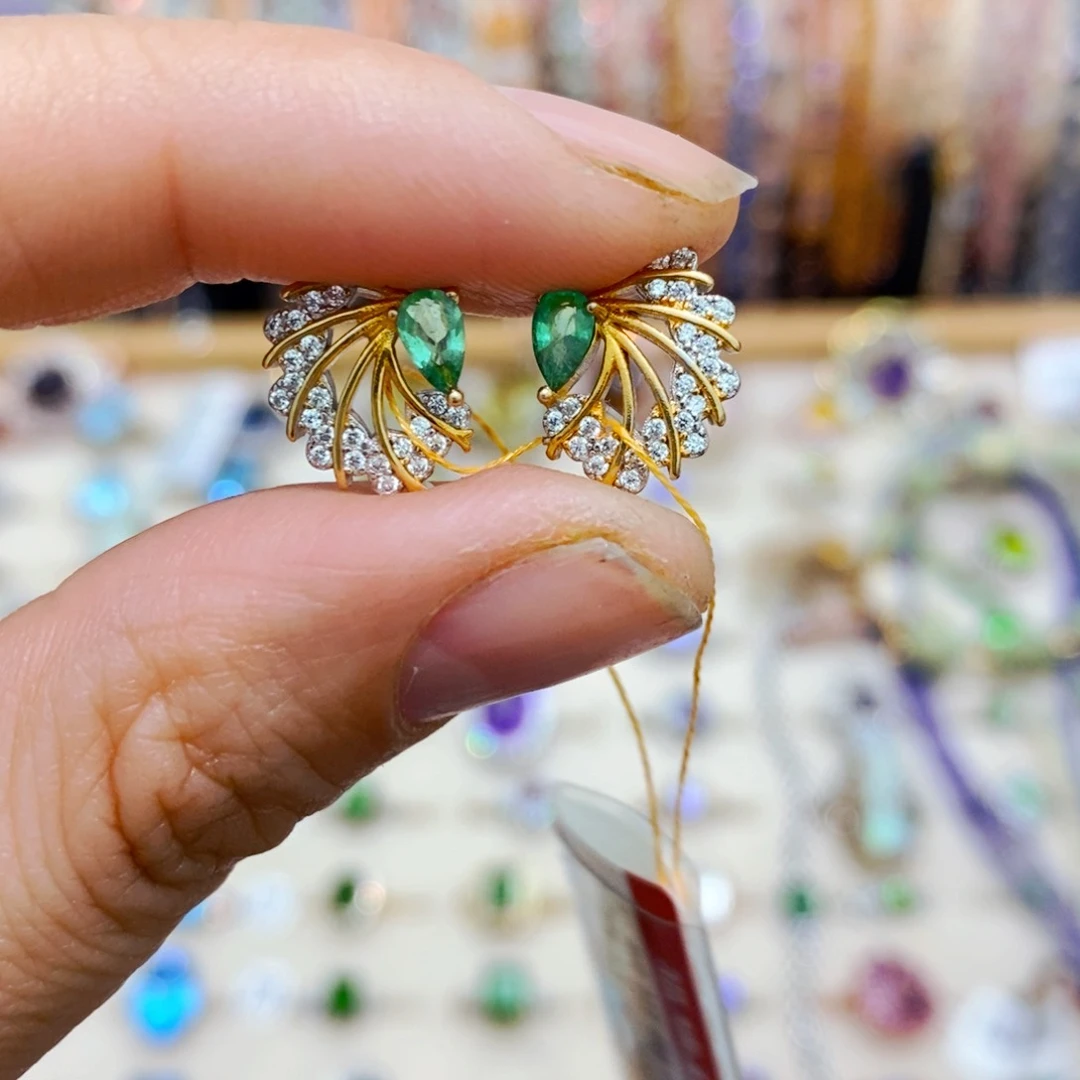 祖母绿耳饰银S925镶嵌