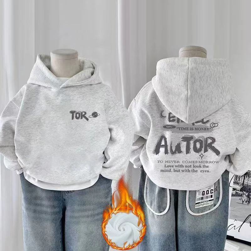 加绒加厚儿童装连帽卫衣秋冬2025新款可爱字母男女童宝宝保暖上衣