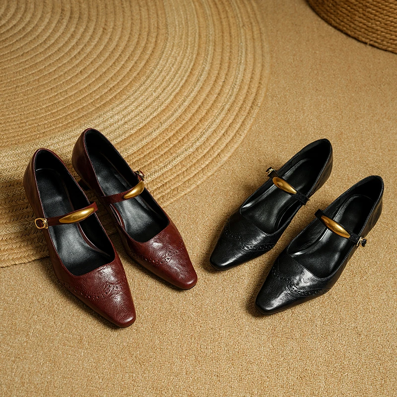 【跟高4cm]浅口单鞋春季新款真皮复古2025低跟金属一字带单鞋女