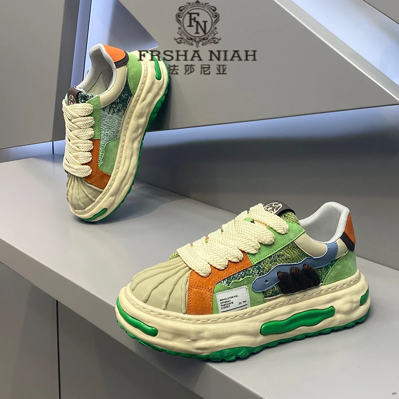 法莎尼亚男鞋秋季新款时尚百搭厚底板鞋贝壳头布面透气复古休闲鞋