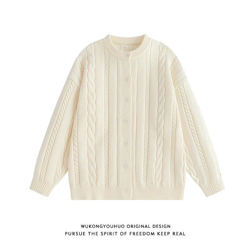 悟空有货秋冬复古麻花条纹开衫毛衣男潮牌宽松情侣休闲针织衫外套