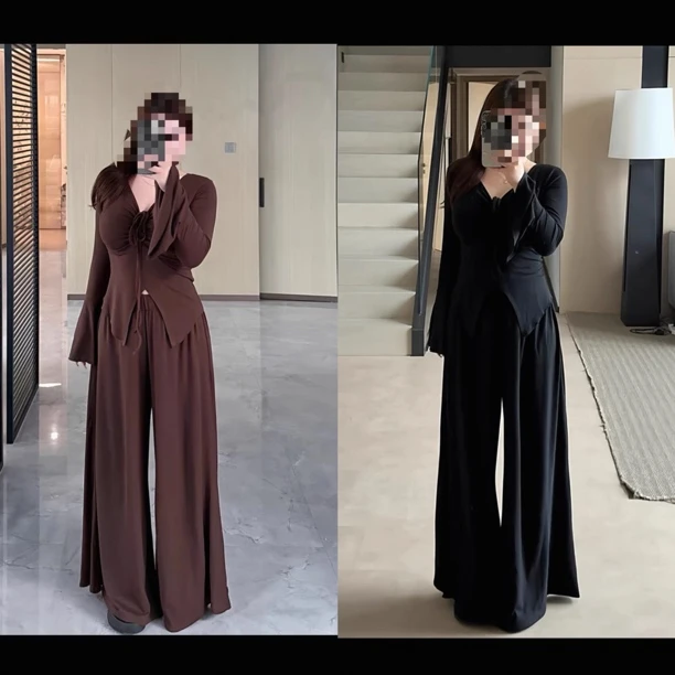 【午后甜梦】大码胖mm气质V领喇叭袖短款上衣高腰裤套装2400