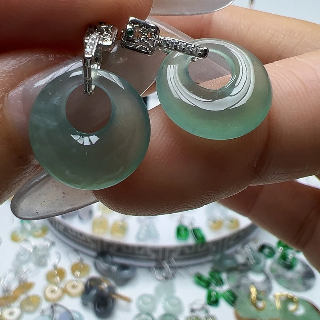 翡翠银S925镶嵌耳饰天然缅甸A货翡翠