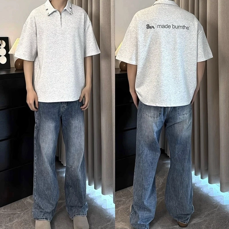 金属装饰Polo衫男夏季美式高街cleanfit穿搭重磅半袖t恤潮牌短袖