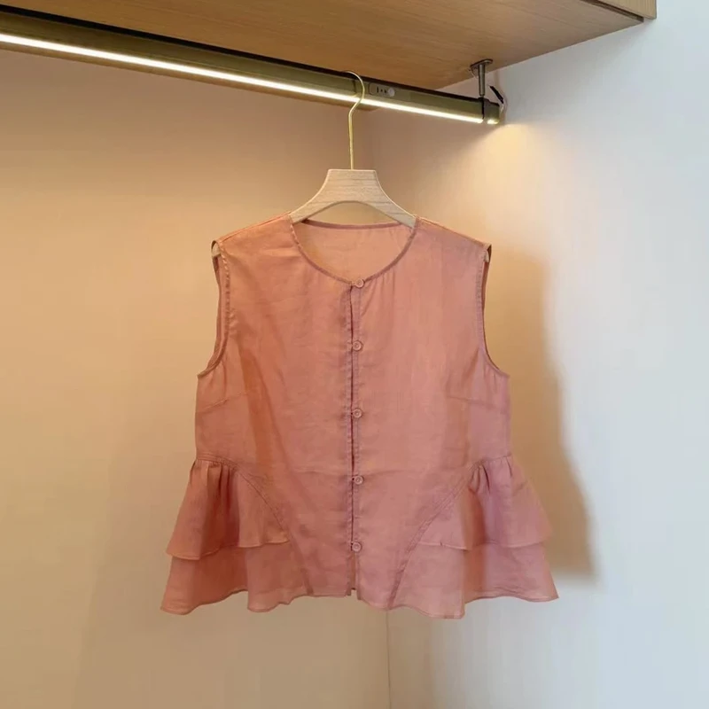 2025夏季圆领纯色荷叶边无袖小衫时尚气质百搭显瘦女士上衣潮流