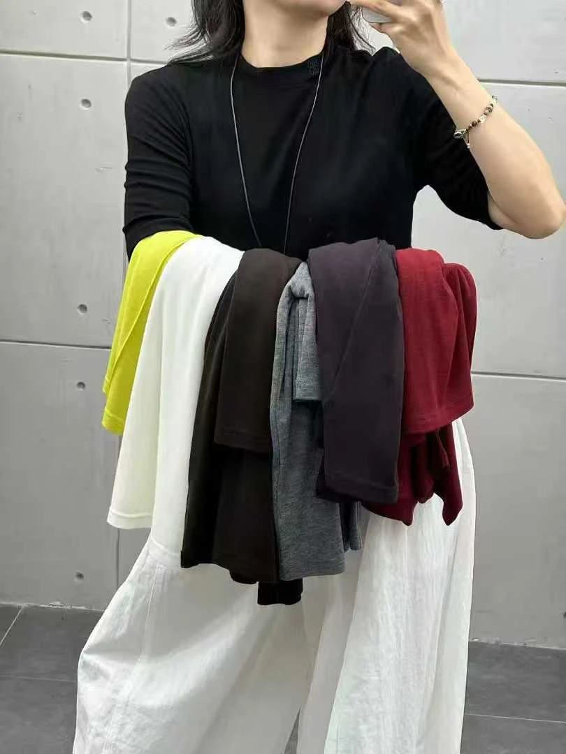休闲老钱风短袖五分袖圆领T恤时尚半袖针织半高领莱赛尔羊毛女