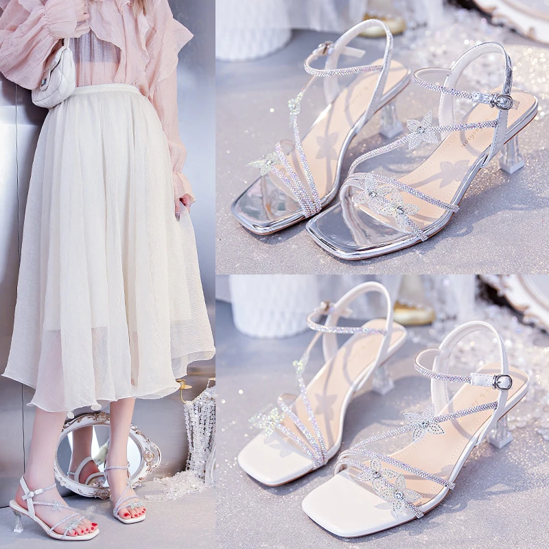 【粗跟细跟】水钻凉鞋女夏配裙露趾彩钻蝴蝶结水晶高跟2025新款