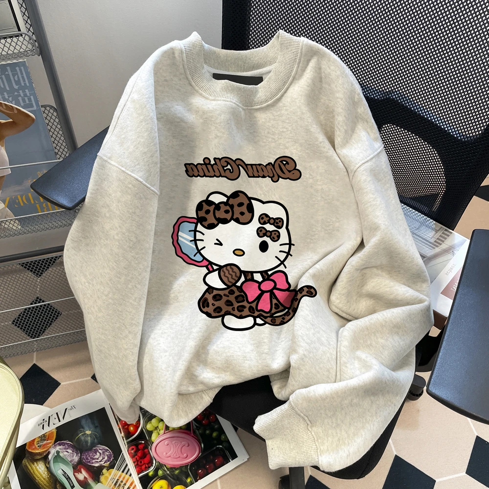 日系复古趣味豹纹凯蒂猫卫衣女慵懒风秋冬减龄百搭小个子圆领外套