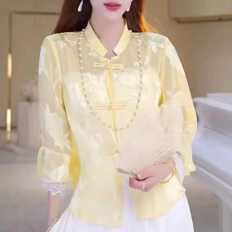 新中式防晒蕾丝提花直筒型薄款立领绣花衬衫