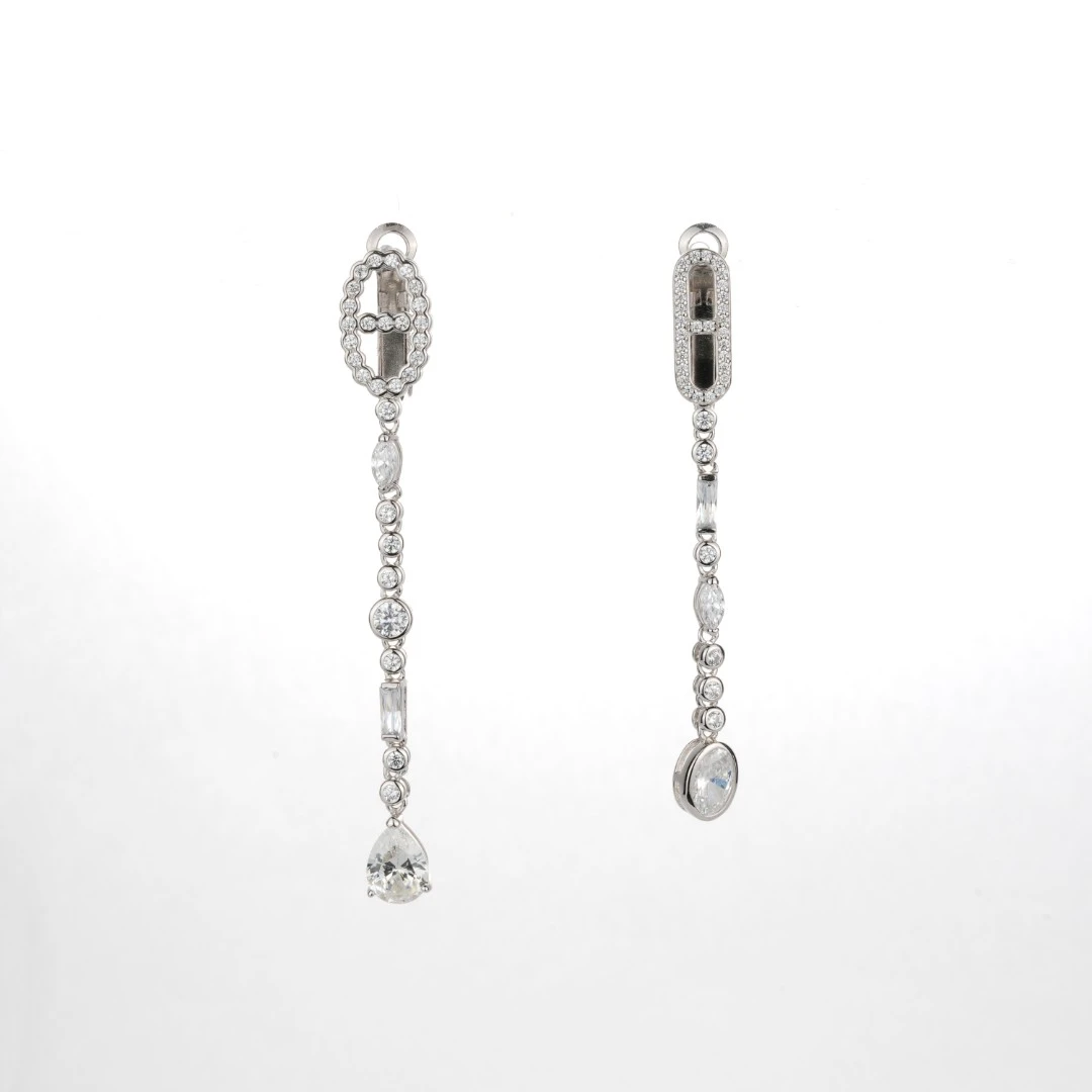 925银合成锆石耳饰 白色满钻水滴长款流苏百搭耳环