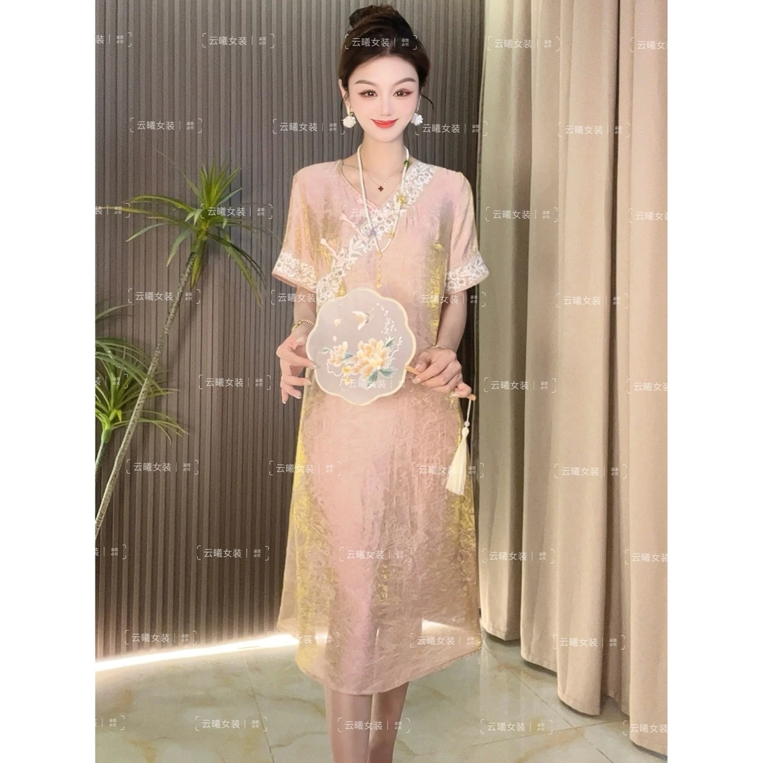 【浮光跃金】古风优雅连衣裙新中式国风盘扣提花斜襟宽松显瘦中长裙