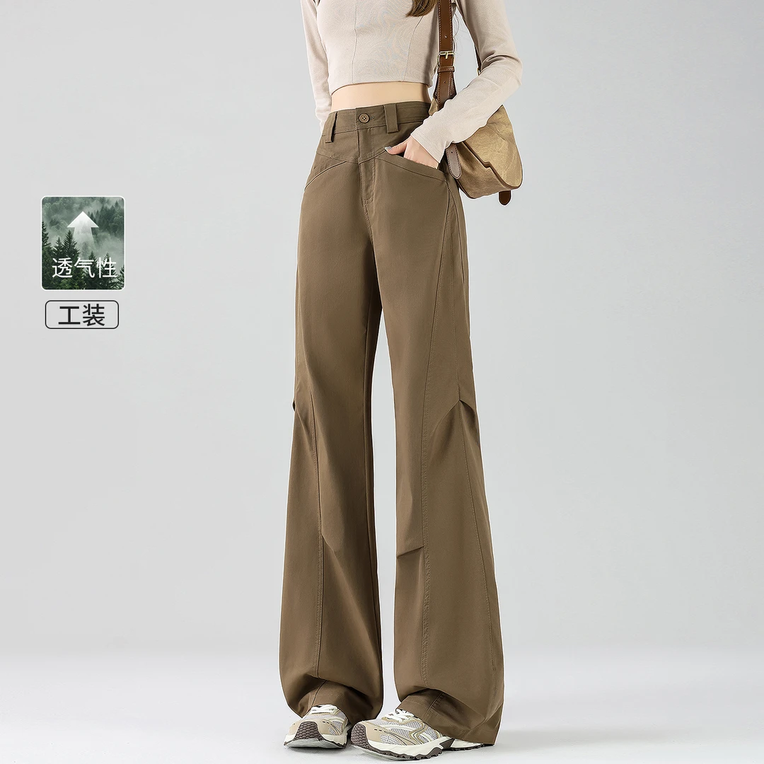 卡其色弯刀工装裤女春秋高腰新款宽松复古美式休闲香蕉喇叭阔腿裤