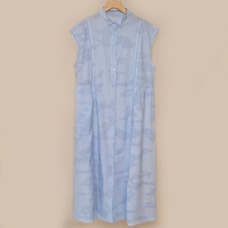 【蓝色】轻奢优雅气质简约百搭显瘦翻领无袖镂空舒适女士连衣裙