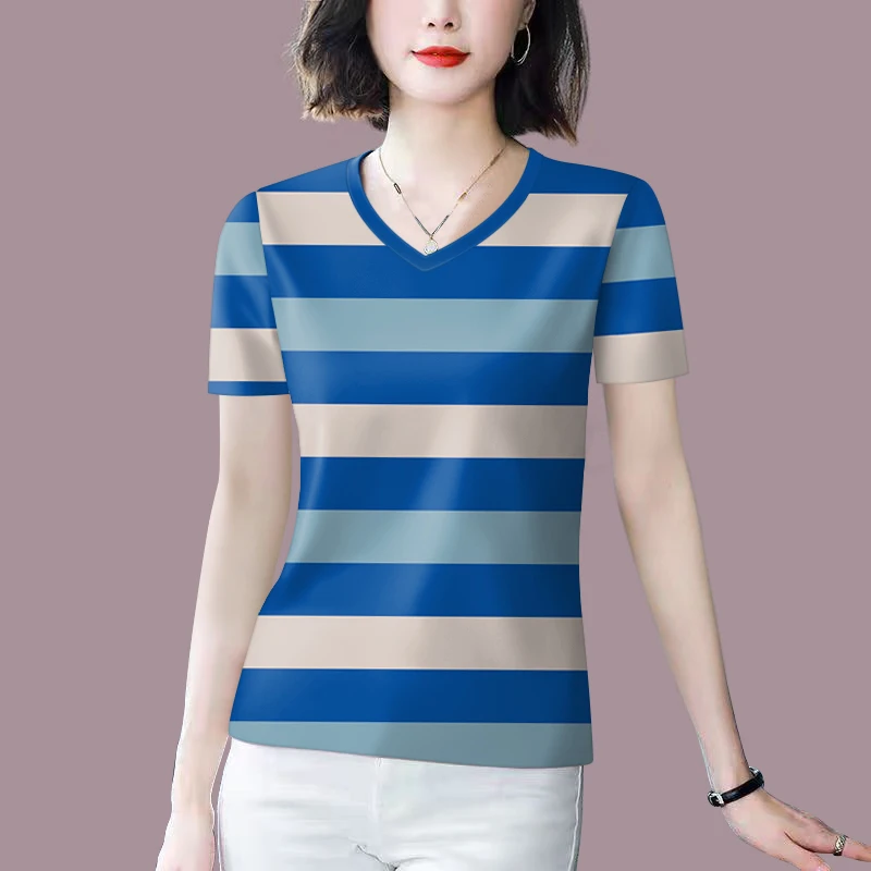 好品捡漏~夏季新款条纹短袖t恤女宽松遮肚显瘦圆领打底女士上衣