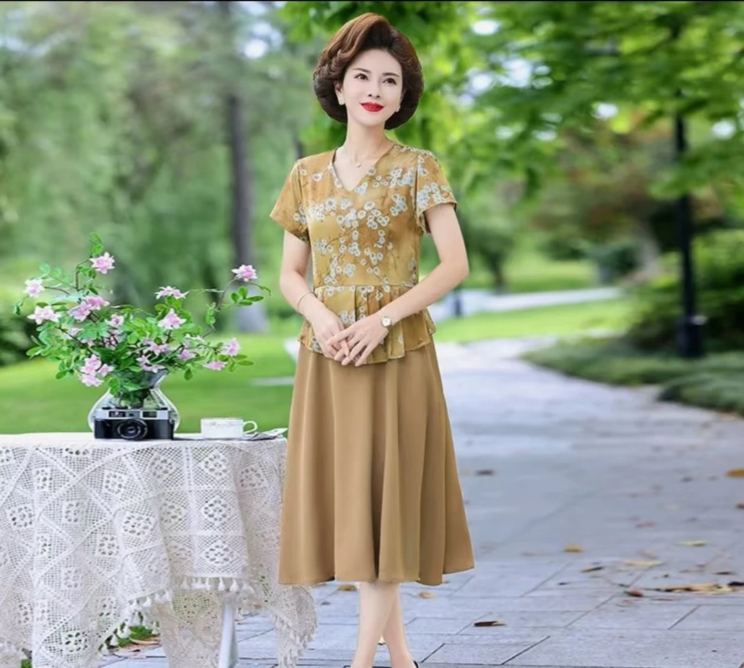 10039-妈妈连衣裙夏时尚气质阔太太宽松遮肚中长款裙子【A31-1-4】