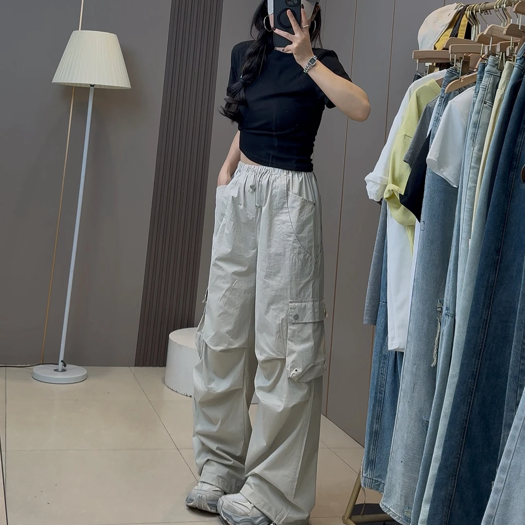 阔腿裤裤子工装裤女2025夏季新款抽绳高腰宽松紧腰百搭直筒工装裤