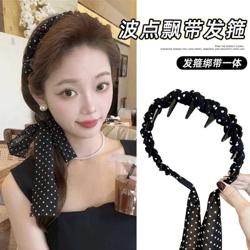 法式波点飘带气质发箍女头饰褶皱甜美发卡显脸小头箍上班族发饰
